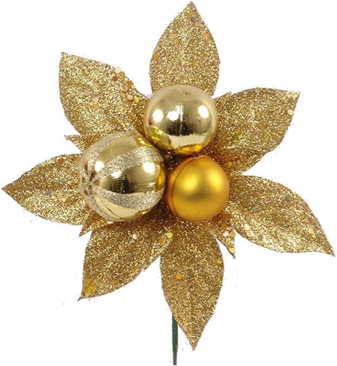 Set of 12: Sparkling Gold Glitter Poinsettia Flower Picks with 3 Ornament Balls | Festive Holiday Accents | Trees, Wreaths, & Garlands | Christmas Picks | Home & Office Decor - 2024 Christmas Collection, Floral Home by Artificial Flowers